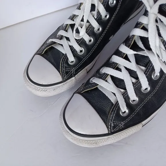 🖤 Converse Black Leather High-Top Sneakers All Star Unisex 7 9 Chuck Taylor