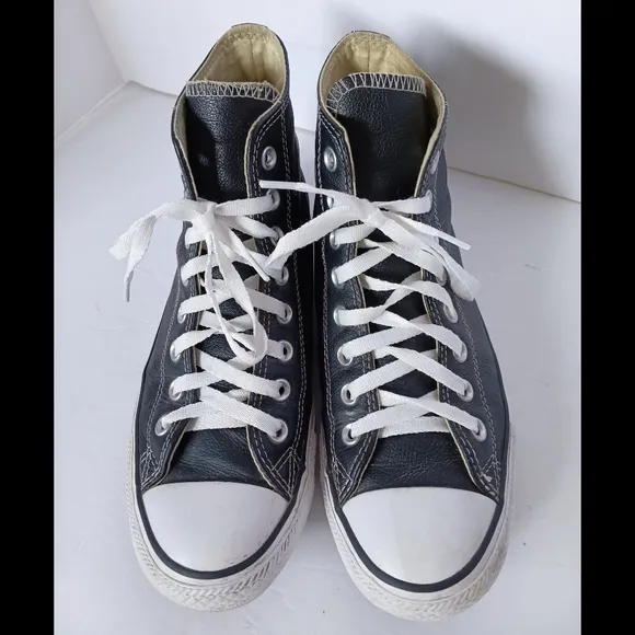 🖤 Converse Black Leather High-Top Sneakers All Star Unisex 7 9 Chuck Taylor