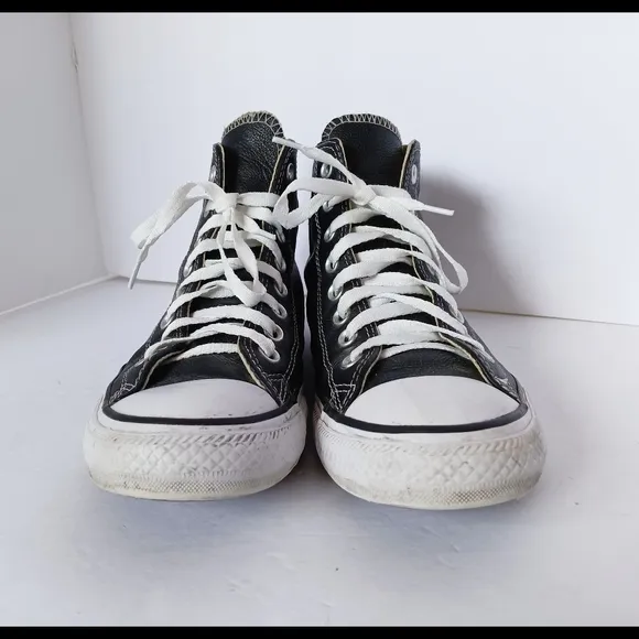 🖤 Converse Black Leather High-Top Sneakers All Star Unisex 7 9 Chuck Taylor