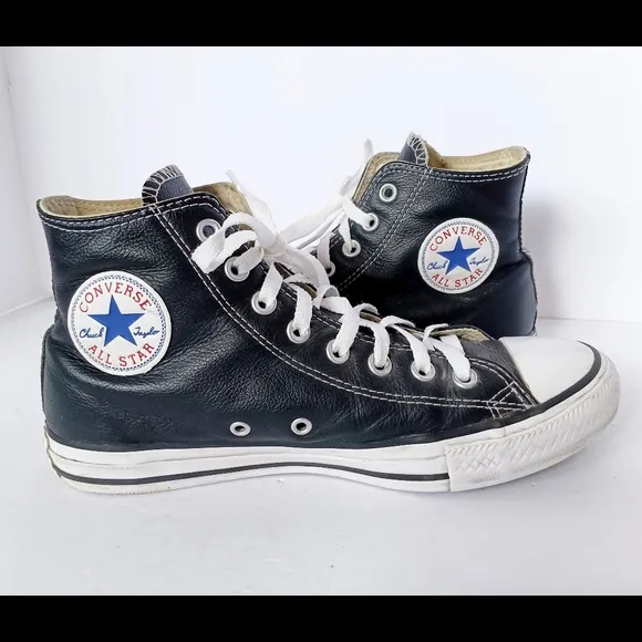 🖤 Converse Black Leather High-Top Sneakers All Star Unisex 7 9 Chuck Taylor
