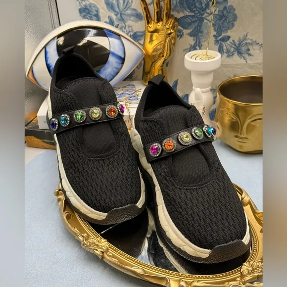 🆕 KURT GEIGER LONDON 🧿 NWOB London Knit Jewel Sneakers, Black Sz EU40 US 9