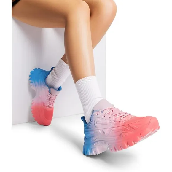 ✨ Women Red Chunky Fashion Sneakers Platform Bold Lace-Up Comfortable Sneakers