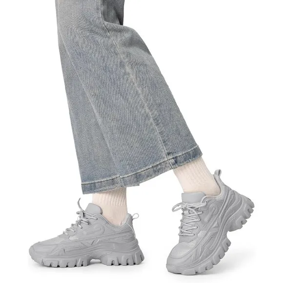 ✨ Women White Chunky Fashion Sneakers Platform Bold Lace-Up Comfortable Sneakers