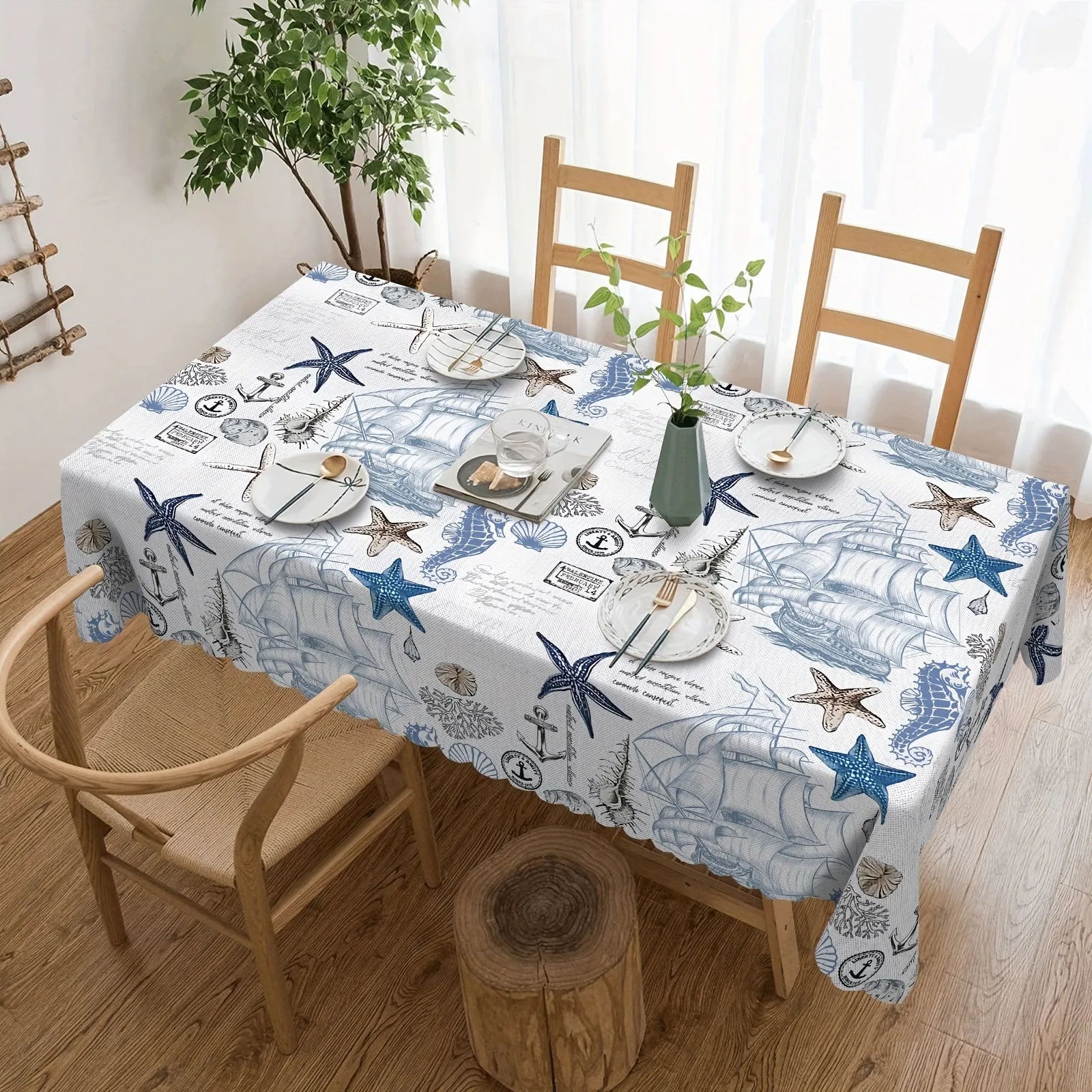 1pc, Tablecloth, Summer Beach Theme Rectangle Table Cloth, Nautical Party Round Table Cover, Shell Textured Decoration, Stain Resistant, Erasable, Waterproof, Suitable For Home Kitchen, Restaurant, Party,