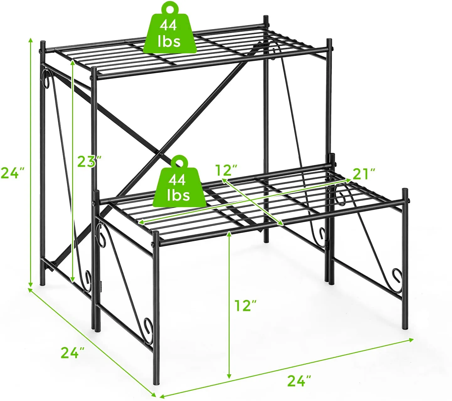 24 in. Tall Outdoor Black Metal Plant Stand (2-Tiered)