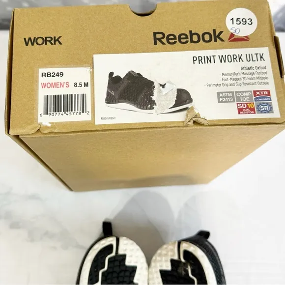 533. Reebok Womens Print Work Ultk Black Safety Shoes Size 8.5 M (RB249)