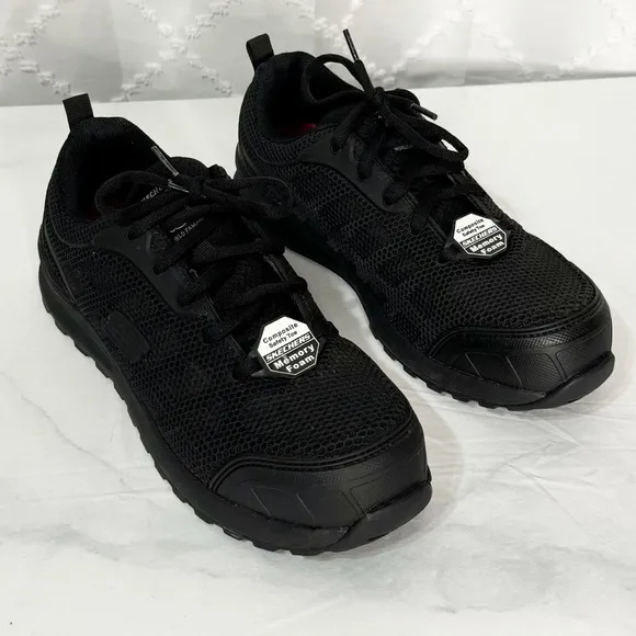537. Sketchers Womens 9.5 Work Utility Composite Toe Memory Foam Black Shoes