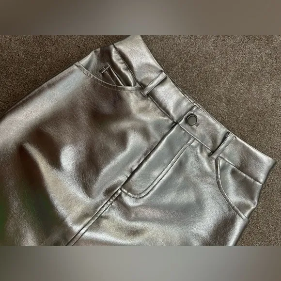 7 for All Mankind Metallic Silver Faux Leather Midi Skirt, NWT, size Small