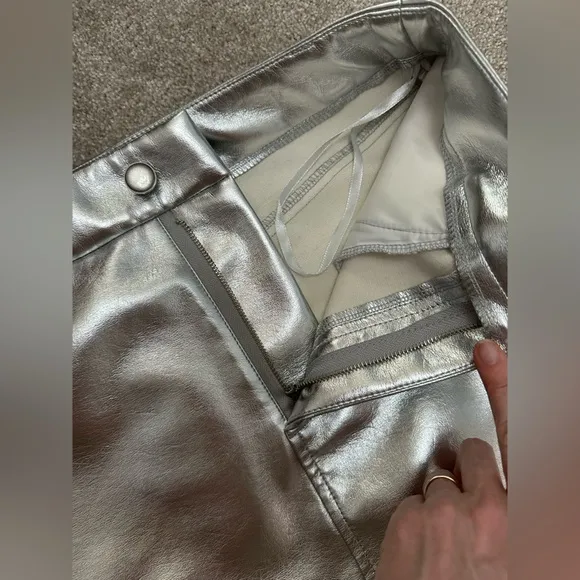 7 for All Mankind Metallic Silver Faux Leather Midi Skirt, NWT, size Small