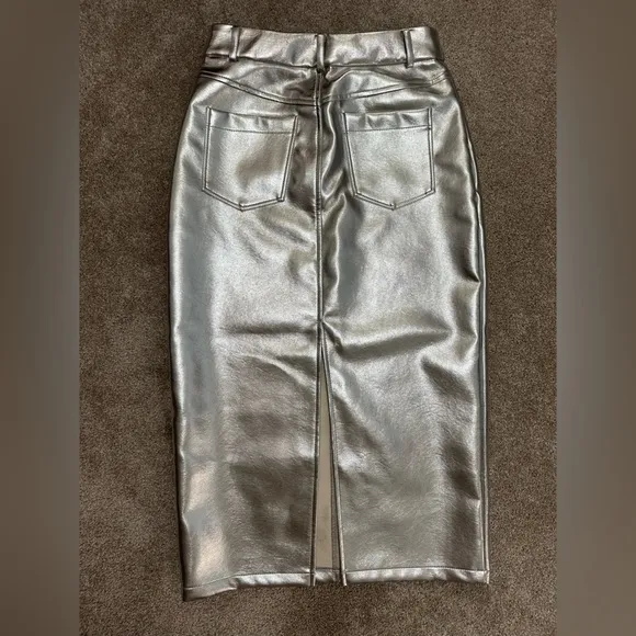 7 for All Mankind Metallic Silver Faux Leather Midi Skirt, NWT, size Small