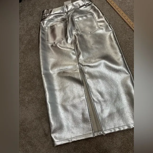 7 for All Mankind Metallic Silver Faux Leather Midi Skirt, NWT, size Small