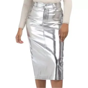 7 for All Mankind Metallic Silver Faux Leather Midi Skirt, NWT, size Small