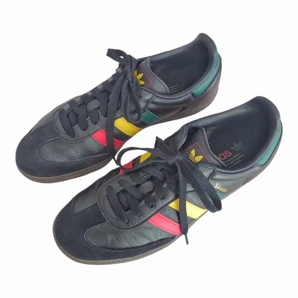 ADIDAS Black Samba Sneakers RASTA PACK Leather Suede Men Size 7.5 Gazelle Style