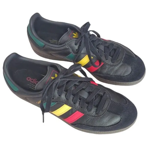 ADIDAS Black Samba Sneakers RASTA PACK Leather Suede Men Size 7.5 Gazelle Style