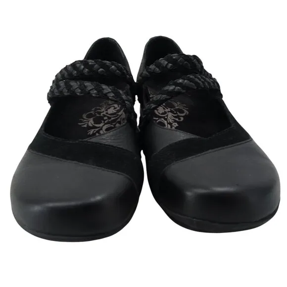 Aetrex Black Leather Suede Comfort Mary Janes Size 39 US 8.5 Braided Wedge