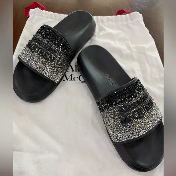 Alexander McQueen Black and Silver slides with  CrystalEmbellishments