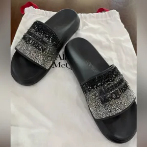 Alexander McQueen Black and Silver slides with  CrystalEmbellishments