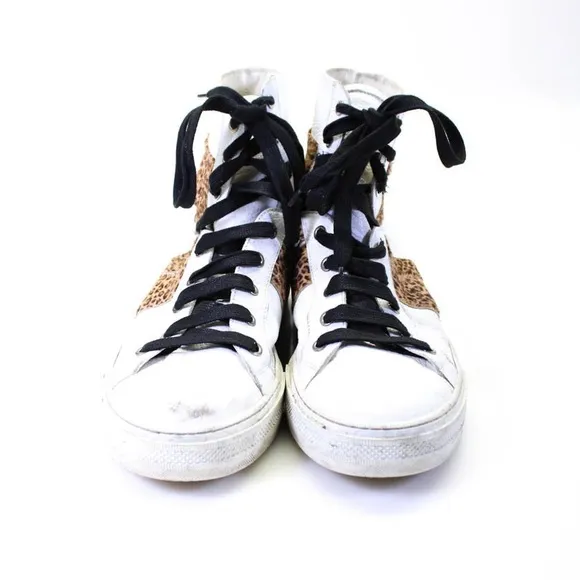 Amiri Mens Lace Up Leopard Pony Hair High Top Sneakers White Leather Size