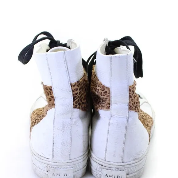 Amiri Mens Lace Up Leopard Pony Hair High Top Sneakers White Leather Size