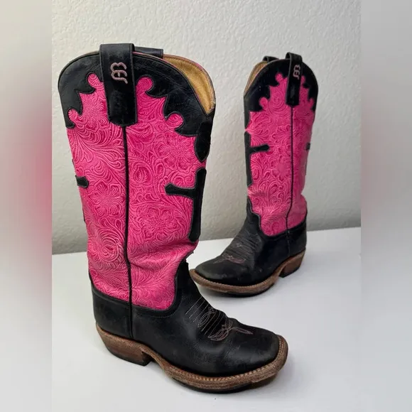 Anderson Bean PINK BLACK CROSS SQUARE TOE Western Cowboy Boots Girls 12
