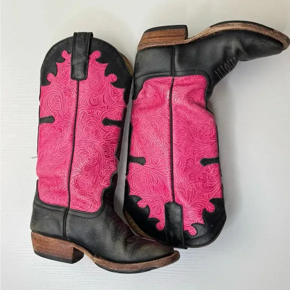 Anderson Bean PINK BLACK CROSS SQUARE TOE Western Cowboy Boots Girls 12