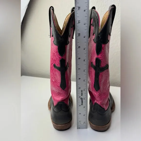 Anderson Bean PINK BLACK CROSS SQUARE TOE Western Cowboy Boots Girls 12