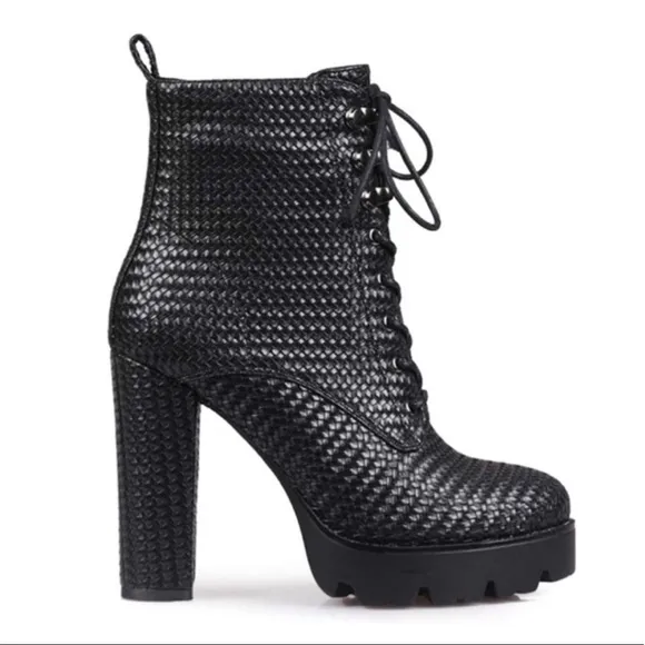 Ankle Boots Lace Up Chunky Block Heel Shoes