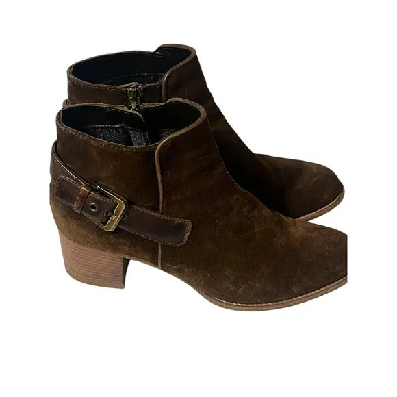 Aquatalia 'Tracy' Suede Ankle Boots Waterproof •9• Leather Buckle Brown Worn 1x