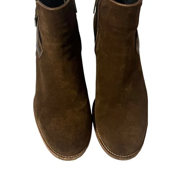 Aquatalia 'Tracy' Suede Ankle Boots Waterproof •9• Leather Buckle Brown Worn 1x