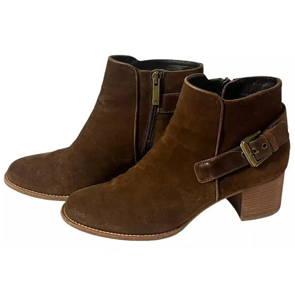 Aquatalia 'Tracy' Suede Ankle Boots Waterproof •9• Leather Buckle Brown Worn 1x