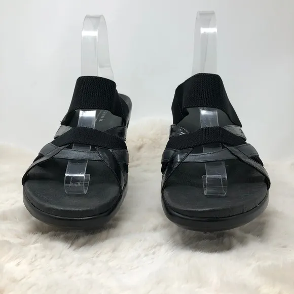 Aravon Black Strappy Women's Comfort Slide On Sandals 9B