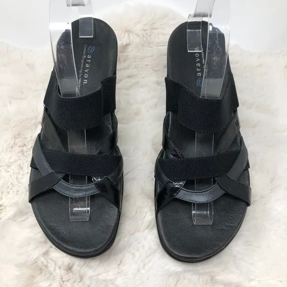 Aravon Black Strappy Women's Comfort Slide On Sandals 9B
