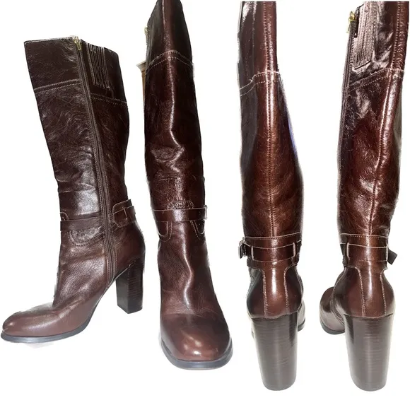 Audrey Brooke Dark Brown Leather Knee High Boots w/Gold Hardware - Size 9M