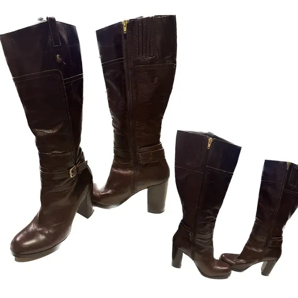 Audrey Brooke Dark Brown Leather Knee High Boots w/Gold Hardware - Size 9M
