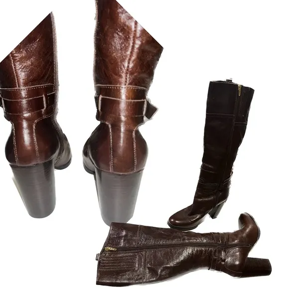 Audrey Brooke Dark Brown Leather Knee High Boots w/Gold Hardware - Size 9M