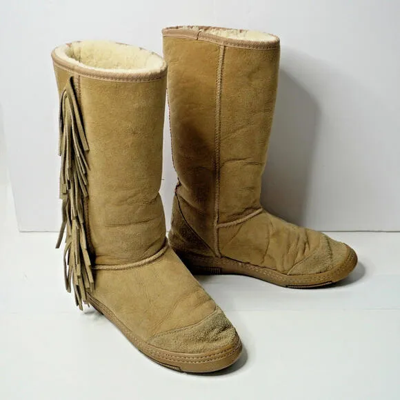 Aussie Dogs Sherpa Lined Tan Fringe Boho Tall Suede Boots Leather Women 11 Shoes