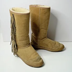Aussie Dogs Sherpa Lined Tan Fringe Boho Tall Suede Boots Leather Women 11 Shoes