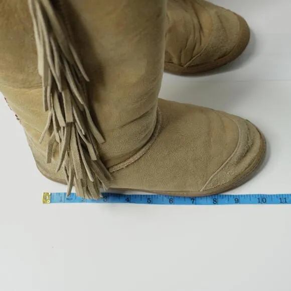 Aussie Dogs Sherpa Lined Tan Fringe Boho Tall Suede Boots Leather Women 11 Shoes