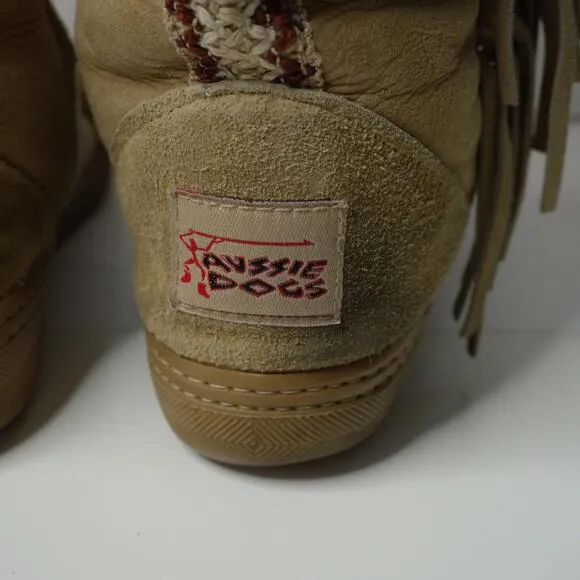 Aussie Dogs Sherpa Lined Tan Fringe Boho Tall Suede Boots Leather Women 11 Shoes