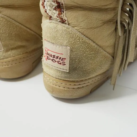 Aussie Dogs Sherpa Lined Tan Fringe Boho Tall Suede Boots Leather Women 11 Shoes