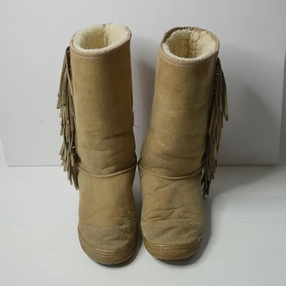 Aussie Dogs Sherpa Lined Tan Fringe Boho Tall Suede Boots Leather Women 11 Shoes