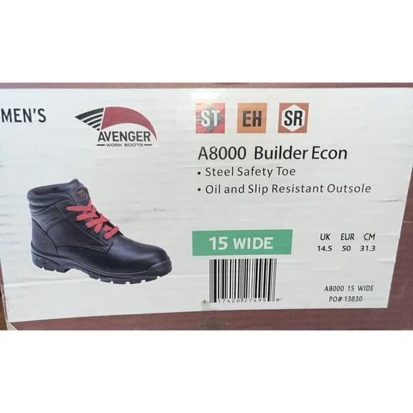 Avenger A8000 Builder Econ‎ Steel Toe Waterproof Boots, Men's Size 15 Wide NIB
