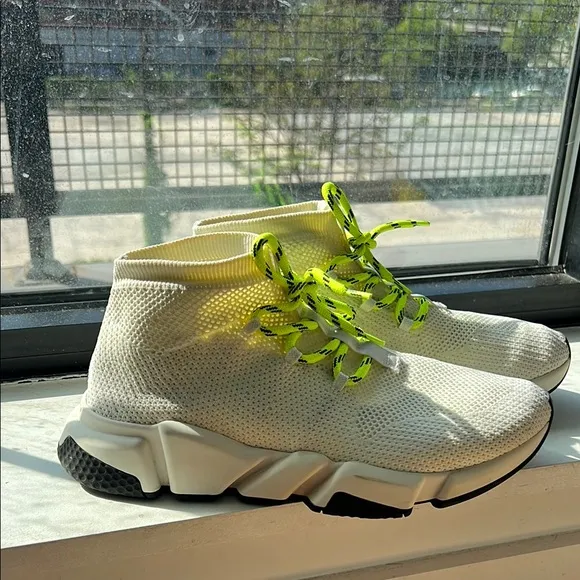 Balenciaga White and Green Sneakers with Sock-Like Fit