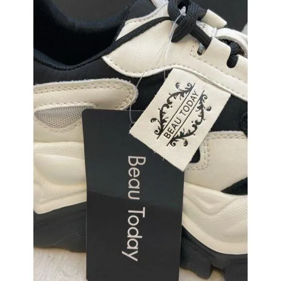 Beau Today Black Cow Suede White Leather Chunky Athletic Sneakers Wom S 6.5M NWB