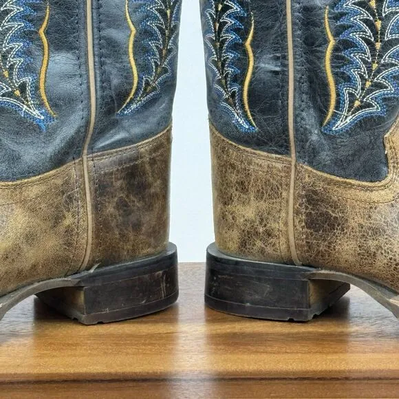 Big Kids Old West Cobalt Blue Brown Leather Square‎ Toe Cowboy Boots Size 2.5 Y