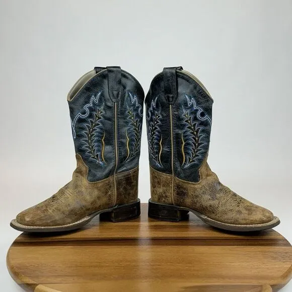 Big Kids Old West Cobalt Blue Brown Leather Square‎ Toe Cowboy Boots Size 2.5 Y