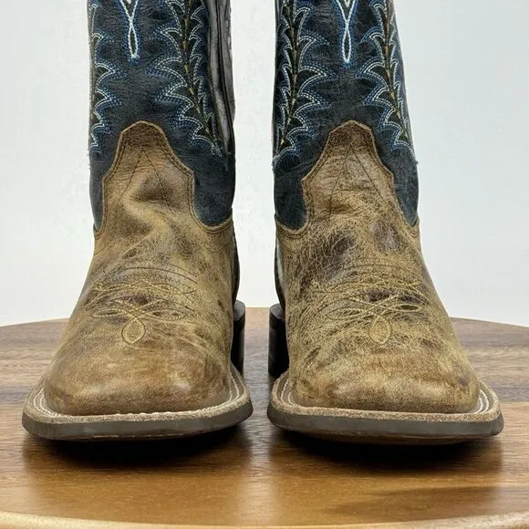 Big Kids Old West Cobalt Blue Brown Leather Square‎ Toe Cowboy Boots Size 2.5 Y