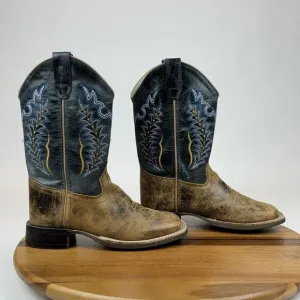 Big Kids Old West Cobalt Blue Brown Leather Square‎ Toe Cowboy Boots Size 2.5 Y