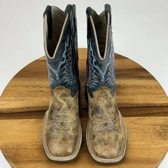 Big Kids Old West Cobalt Blue Brown Leather Square‎ Toe Cowboy Boots Size 2.5 Y
