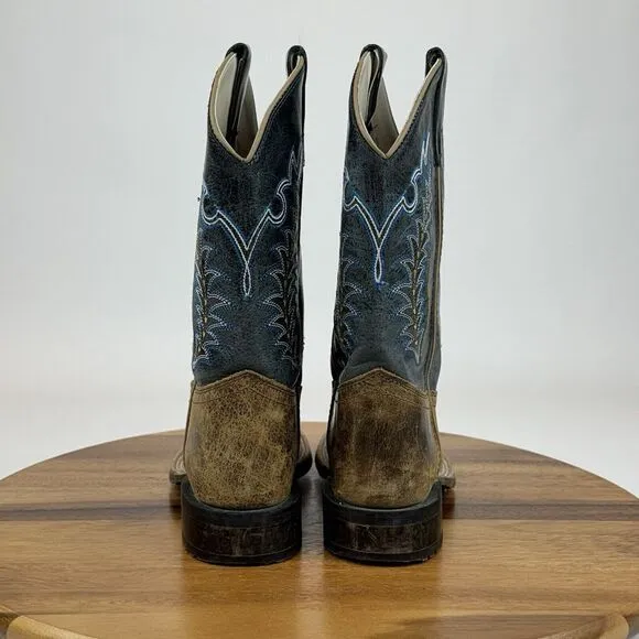 Big Kids Old West Cobalt Blue Brown Leather Square‎ Toe Cowboy Boots Size 2.5 Y